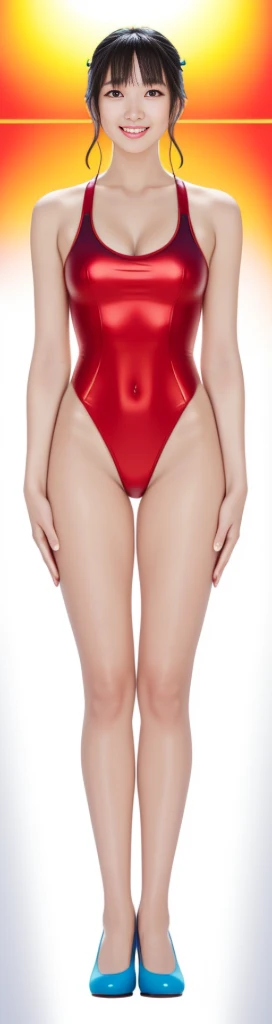 On the white background,A tall and beautiful Chinese girl,with fair skin,Toothy smile,A big smile,When you laugh, Your eyes are crescent-shaped,fringe,Wear a one-piece swimsuit and pumps,Swimsuits are decorated with joyful patterns, Stand up straight,Stand upright,hands on sides,Symmetrical distribution,Ray tracing,All shaded areas,No windows, Soft lighting, Warm light,Without sunlight, Studio light, 1.4x Realistic Ultra HD
