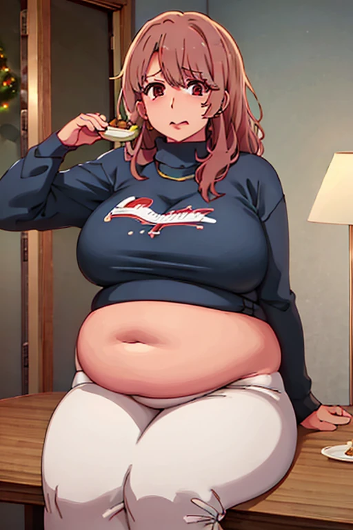 miyako Saitou, very fat, safe for work, fat, large belly, standing, grabbing belly, very fat, large stomach, chubby (best quality, masterpiece), Christmas, wearing sweater, eating, sitting down, table full of food, cookies, eating cookies, very fat, Christmas season, Christmas time, Christmas season, brown hair