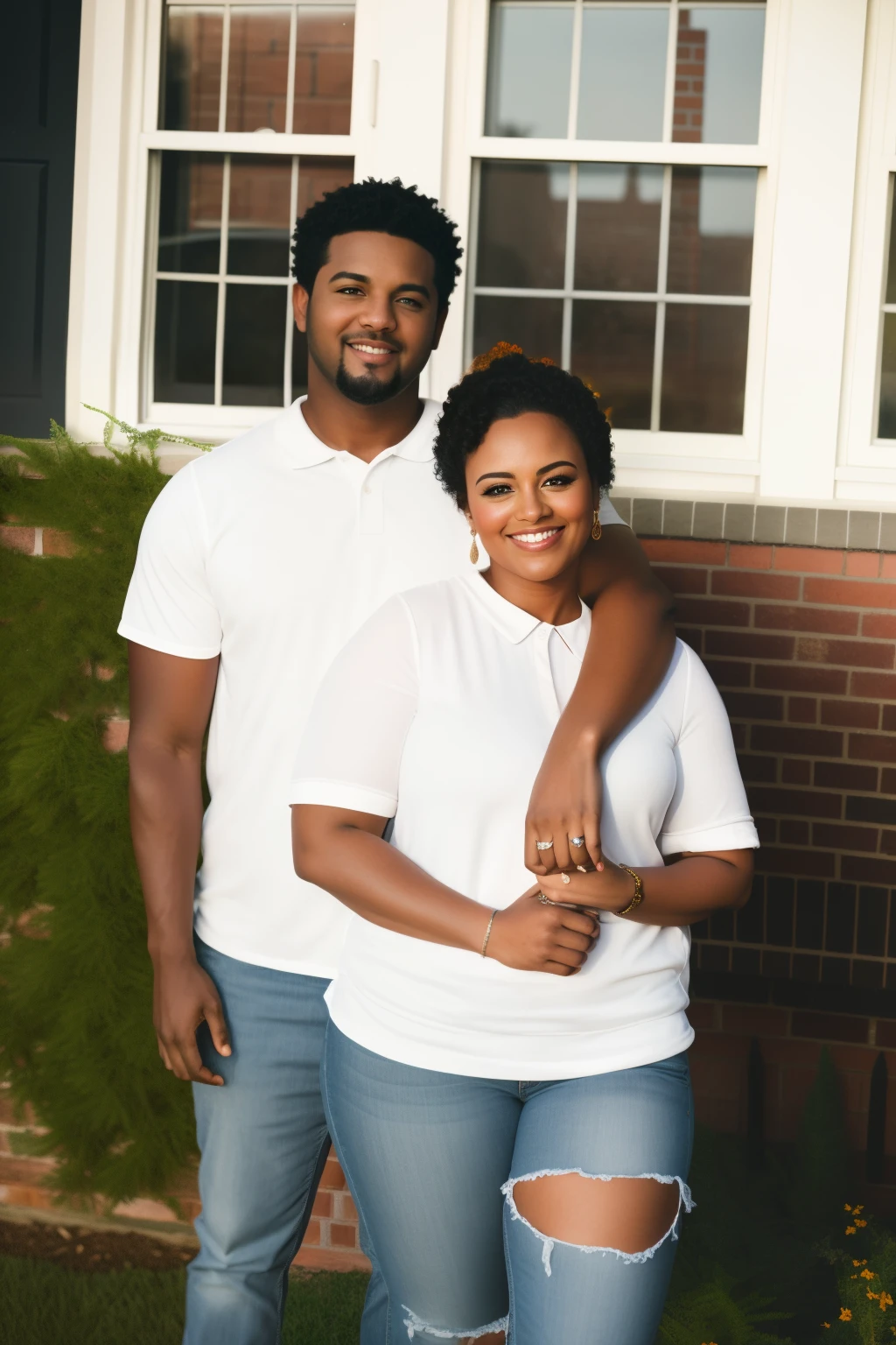 they are standing in front of a house with a brick wall, couples portrait, photo shoot, happy couple, couple portrait, mid portrait, scenic full shot, 1 / 4 portrait, commissioned, commercial photo, mid shot portrait, full protrait, taken in the early 2020s, lovely couple, couple pose, evening at dusk, profile picture, a portrait