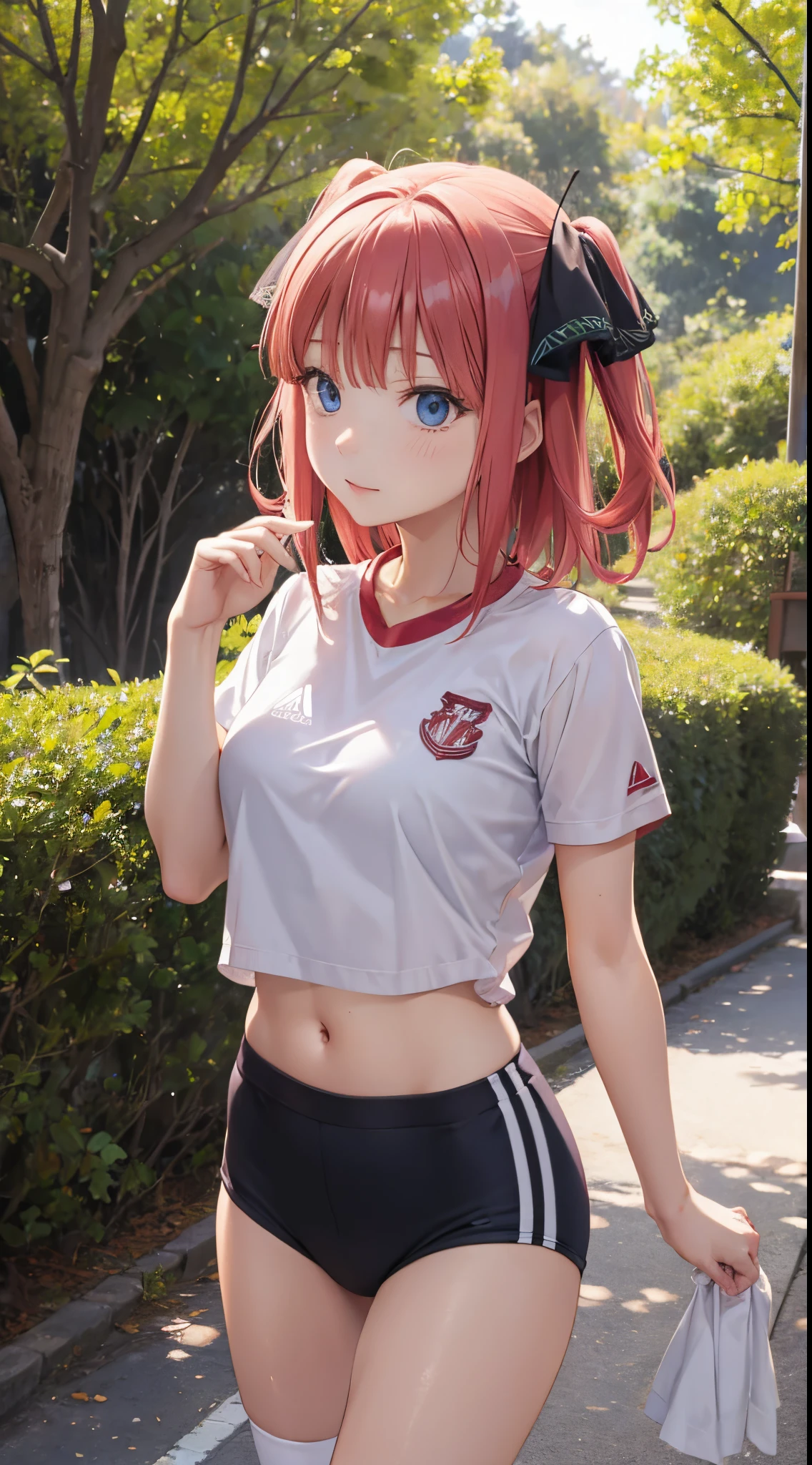 beautiful young woman, anime style, detailed face, red hair, red eyes, delicate features, soft lighting, wearing a gym uniform, white t-shirt, red bloomers, doing a stretch, outdoor school field background, clear blue sky, sunny day, dynamic pose, athletic, flexible, Japanese anime style, high quality, highly detailed, 8k resolution, cinematic lighting, best quality, vibrant colors, Instagrammable, aesthetic, trendy