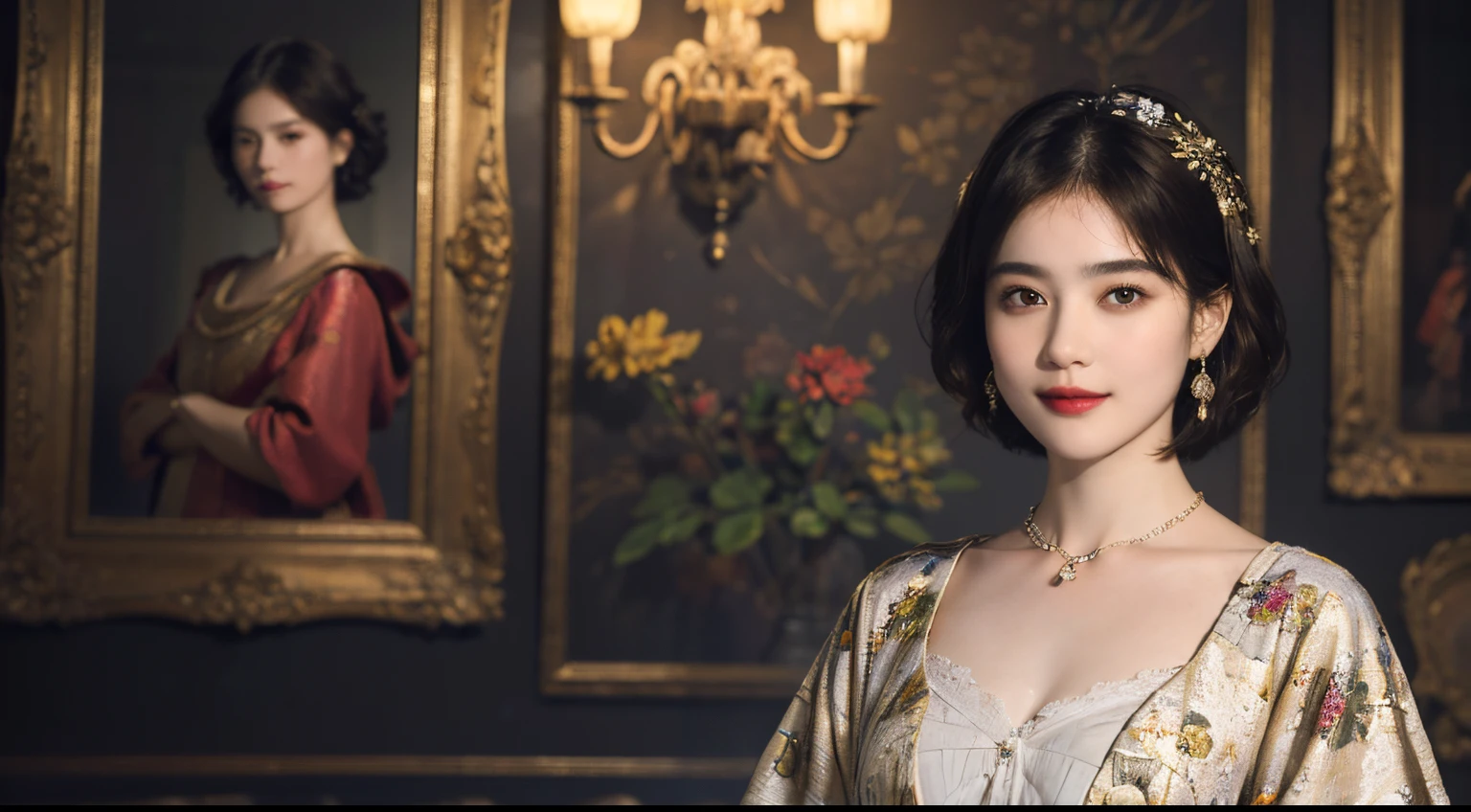 117
(a 20 yo woman,is standing), (A hyper-realistic), (high-level image quality), ((beautiful hairstyle 46)), ((short-hair)), (Gentle smile), (breasted:1.1), (lipsticks), (florals), (Light and Darkness), (rembrandt painting), (Luxurious room)