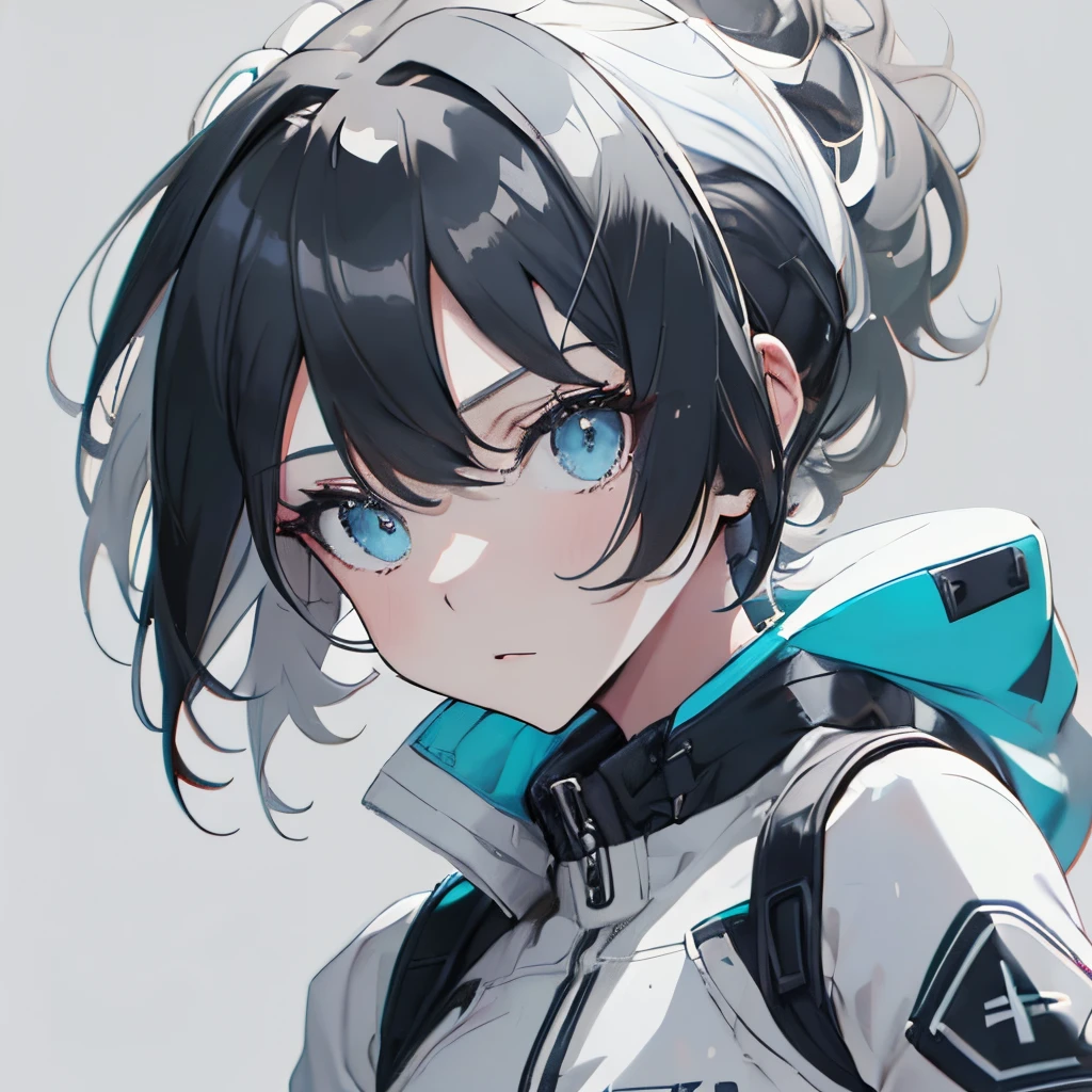 (masutepiece:1.2, Best Quality),  [girl, Manteau, expressioness, Turquoise eyes, front facing, jet-black hair,short cut hair, Jacket comes off, Upper body] (Gray white background:1.7),