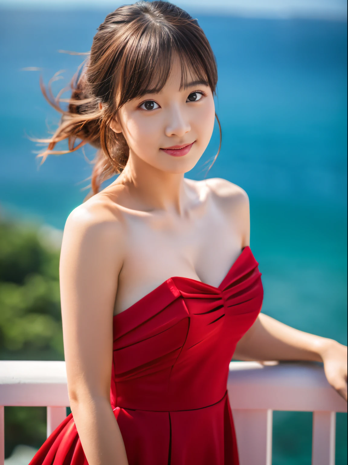 Best Quality, masutepiece, 超A high resolution, (Photorealistic:1.4), Raw photo, 1girl in, off shoulders,In a red dress,Upper body image,Woman with a very beautiful face,With ultra-high definition video,The background image is only the sea,
