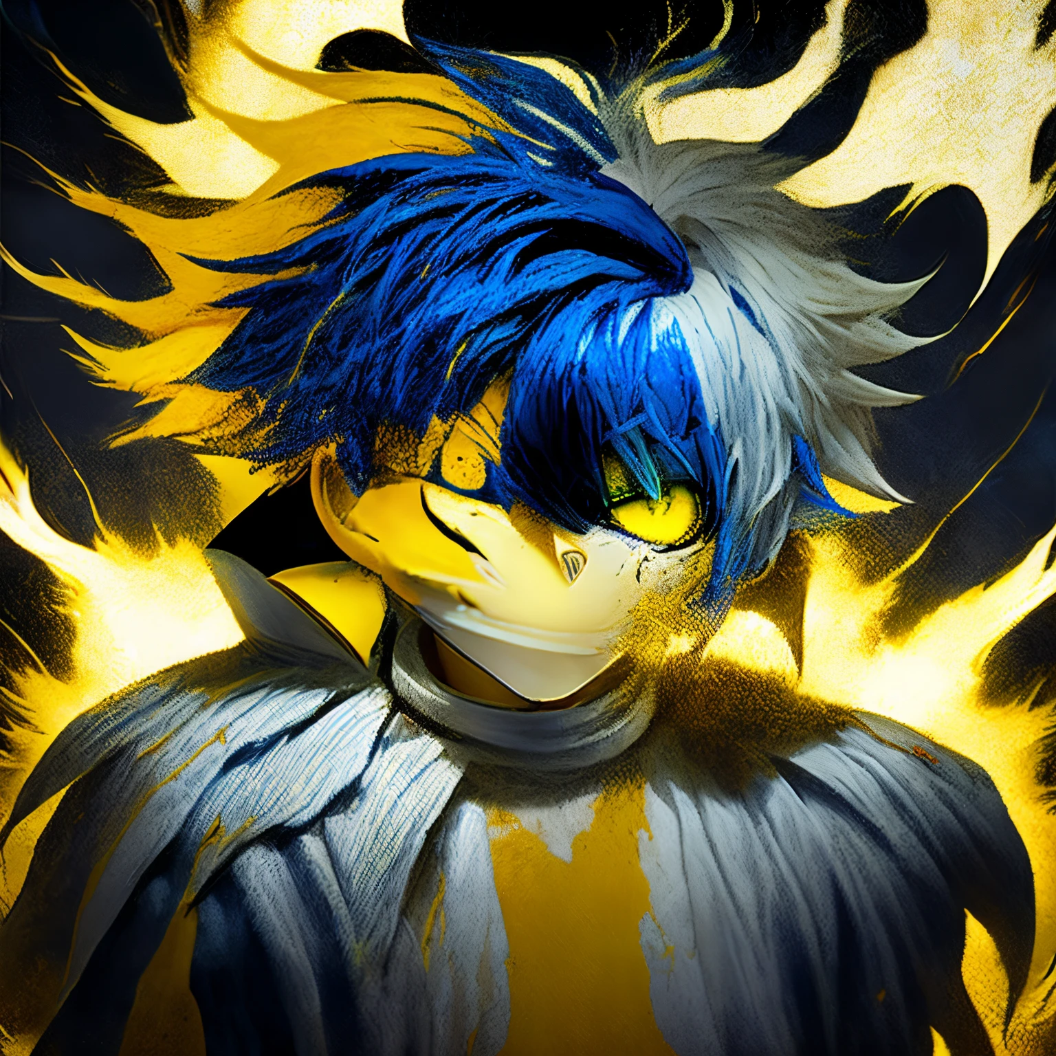 Pale white humanoid character with big round yellow eyes and light blue pupils, sharp yellow teeth, and a light blue tongue, with short fluffy emo hair, half of his hair being dyed red and the other half is black, and a small yellow crown floating over his head. In a very cartoony expressive art style.