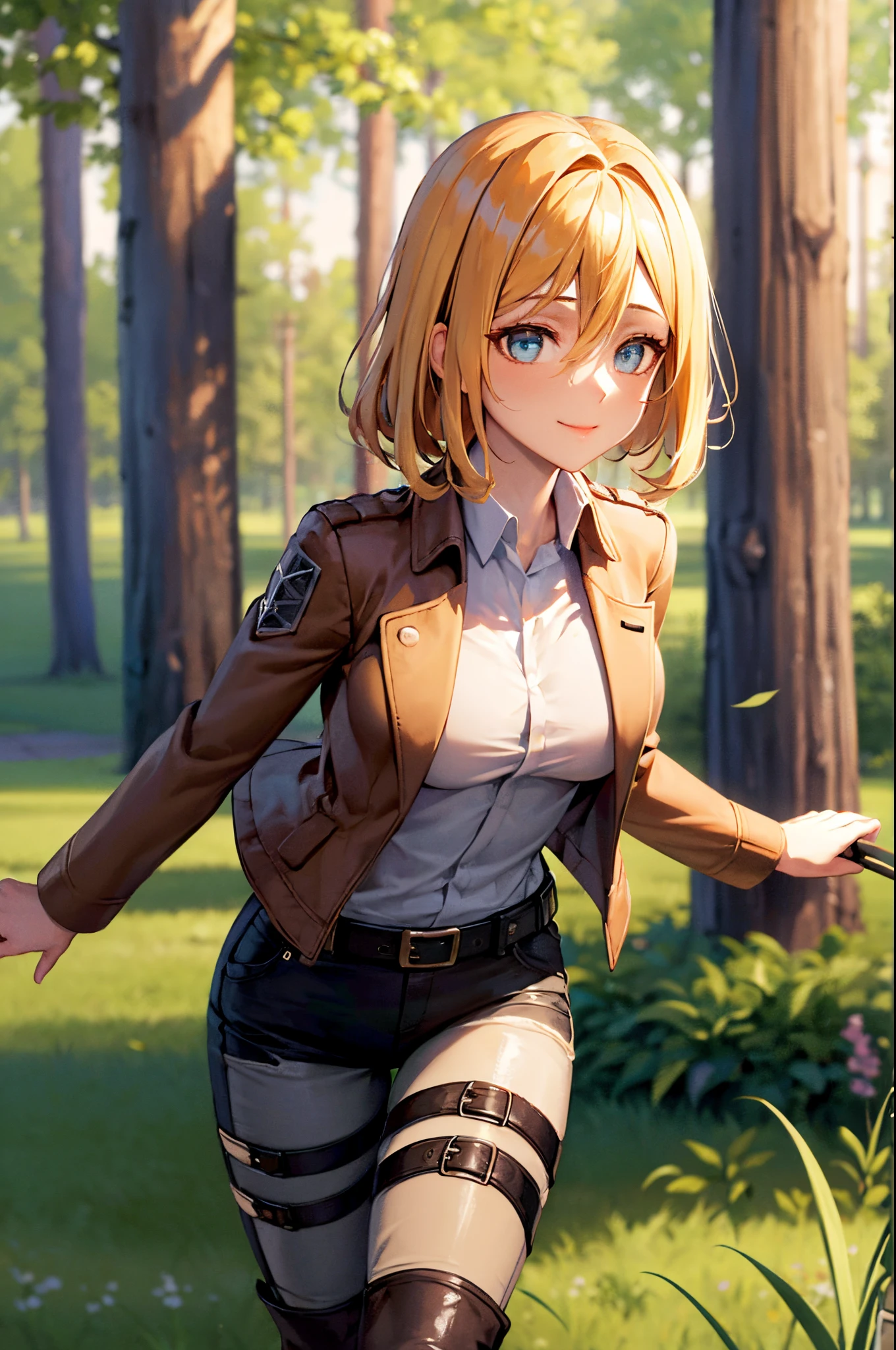 ((upper body portrait)), (masterpiece), best quality, expressive eyes, perfect face, highres, (8k), (perfect face), (ultra details), pikkyhistoria, 1girl, solo, looking at viewer, blonde hair, hair between eyes, short hair, long hair, blue eyes, jacket, paradis military uniform, pants, shirt, brown jacket, belt, white pants, long sleeves, emblem, open jacket, collared shirt, open clothes, thigh strap, boots, white shirt, standing, field, grass, trees, smile