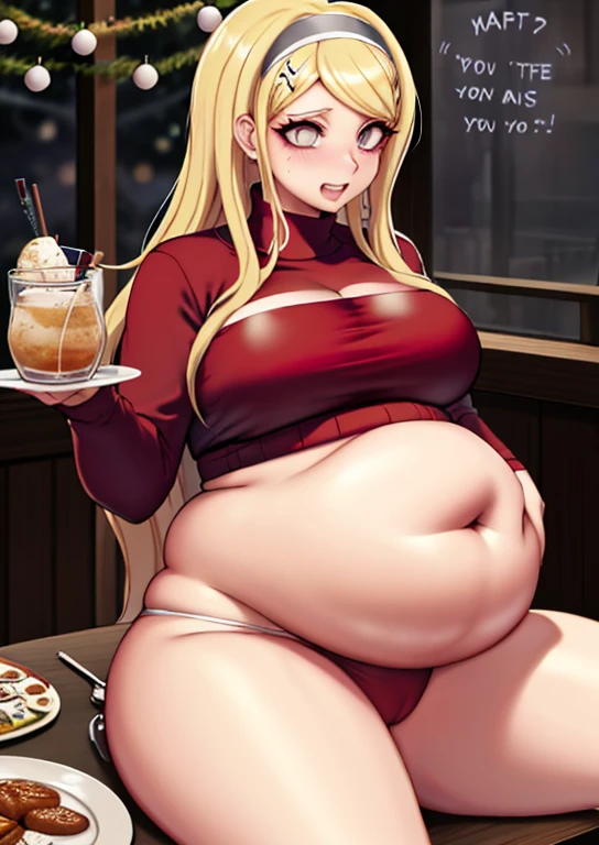 fat, big belly, overweight, pregnant, belly heavy, Kaeda Akamatsu, fat, Kaeda Danganronpa, blonde hair, sitting, Christmas, wearing sweater, table with food, fat