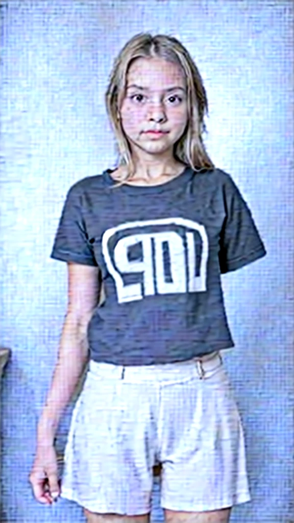 Niña the 12 years old. Rubia. Linda. Vestida de remera negra.