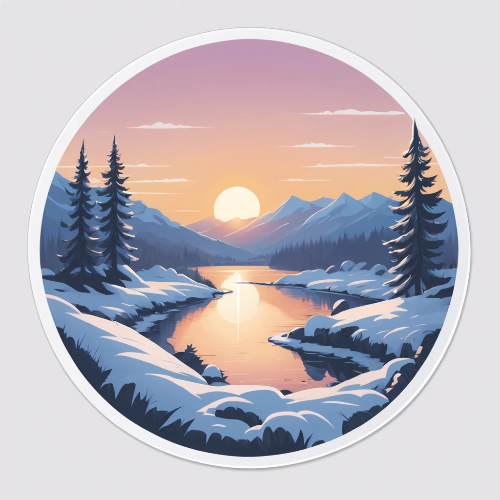 (Sticker),White background,(in circle), winter sunset, ,Simple, Ultra detailed, Detailed drawing, vectorised, Silhouette, 8K, professional sticker design, Flat design, Vector lines, Sticker, Full-HD, pastel monochrome