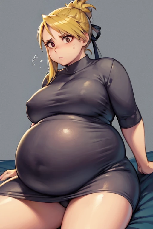 fat, pregnant, big belly, overweight, Riza Hawkeye, hair in bun, fat, big belly, clothed, sitting down