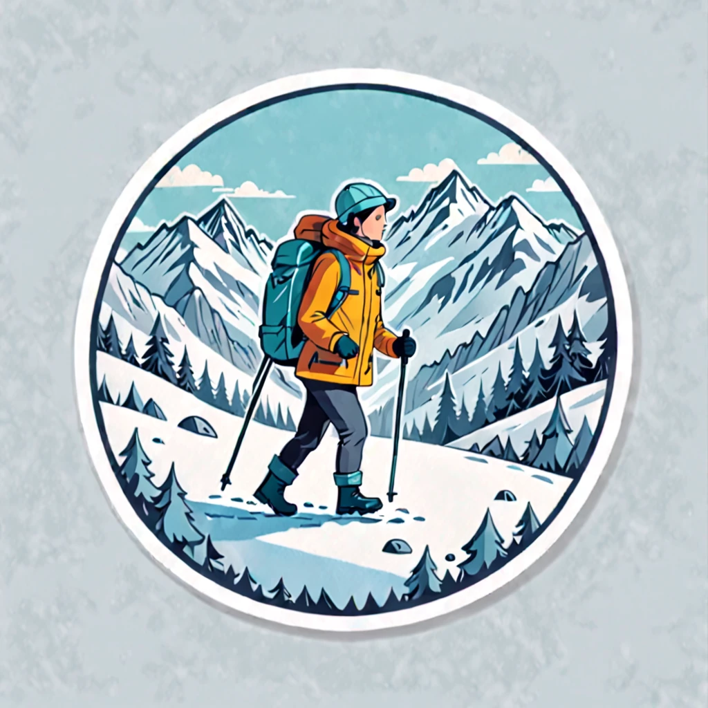 (Sticker),White background,(in circle), winter hiking, ,Simple, Ultra detailed, Detailed drawing, vectorised, Silhouette, 8K, professional sticker design, Flat design, Vector lines, Sticker, Full-HD, pastel monochrome