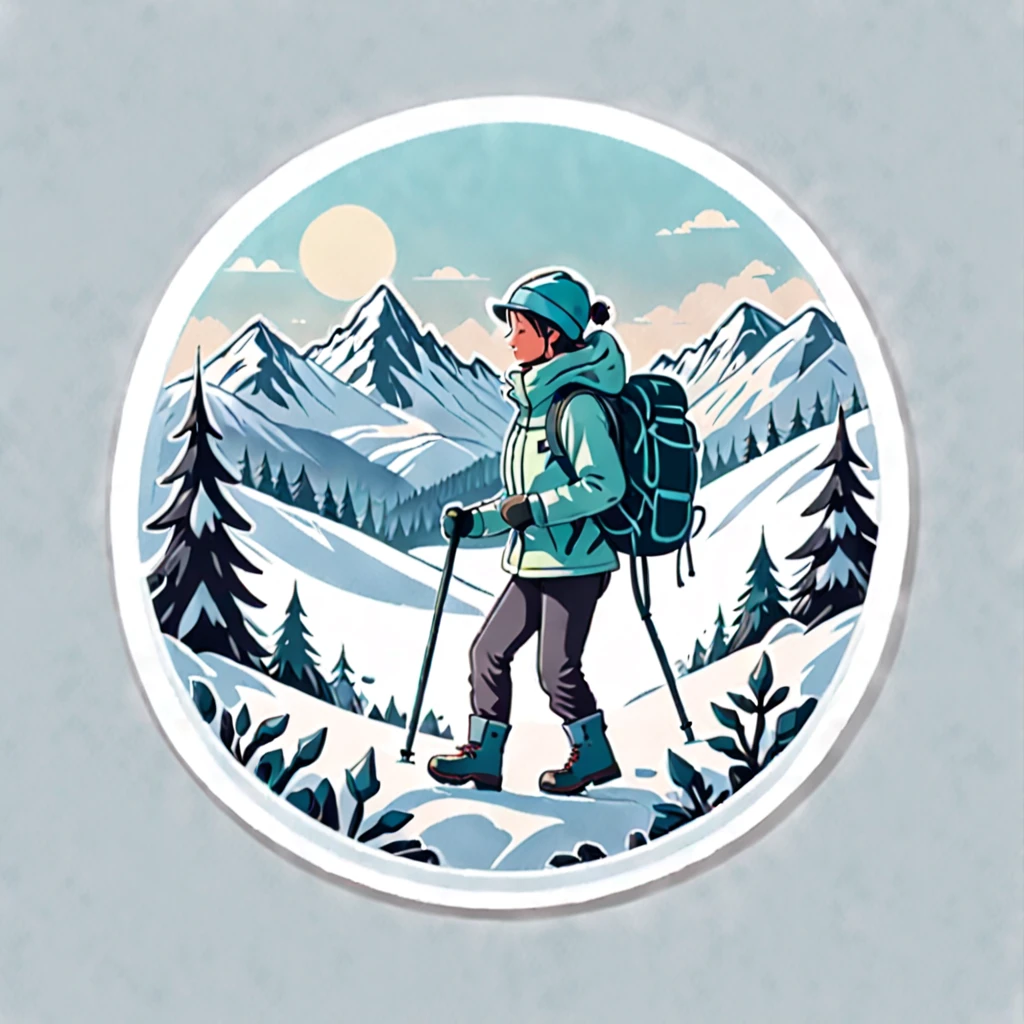 (Sticker),White background,(in circle), winter hiking, ,Simple, Ultra detailed, Detailed drawing, vectorised, Silhouette, 8K, professional sticker design, Flat design, Vector lines, Sticker, Full-HD, pastel monochrome