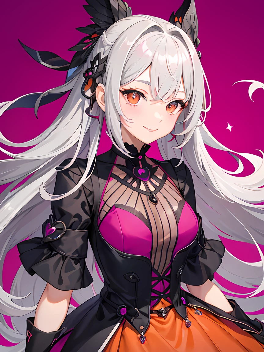 masterpiece, best quality, 1 girl, gray hair, (orange eyes), magenta aesthetic, upper body, magenta dress, smile, magenta background