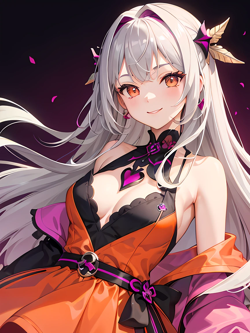 masterpiece, best quality, 1 girl, gray hair, (orange eyes), magenta aesthetic, upper body, magenta dress, smile, magenta background