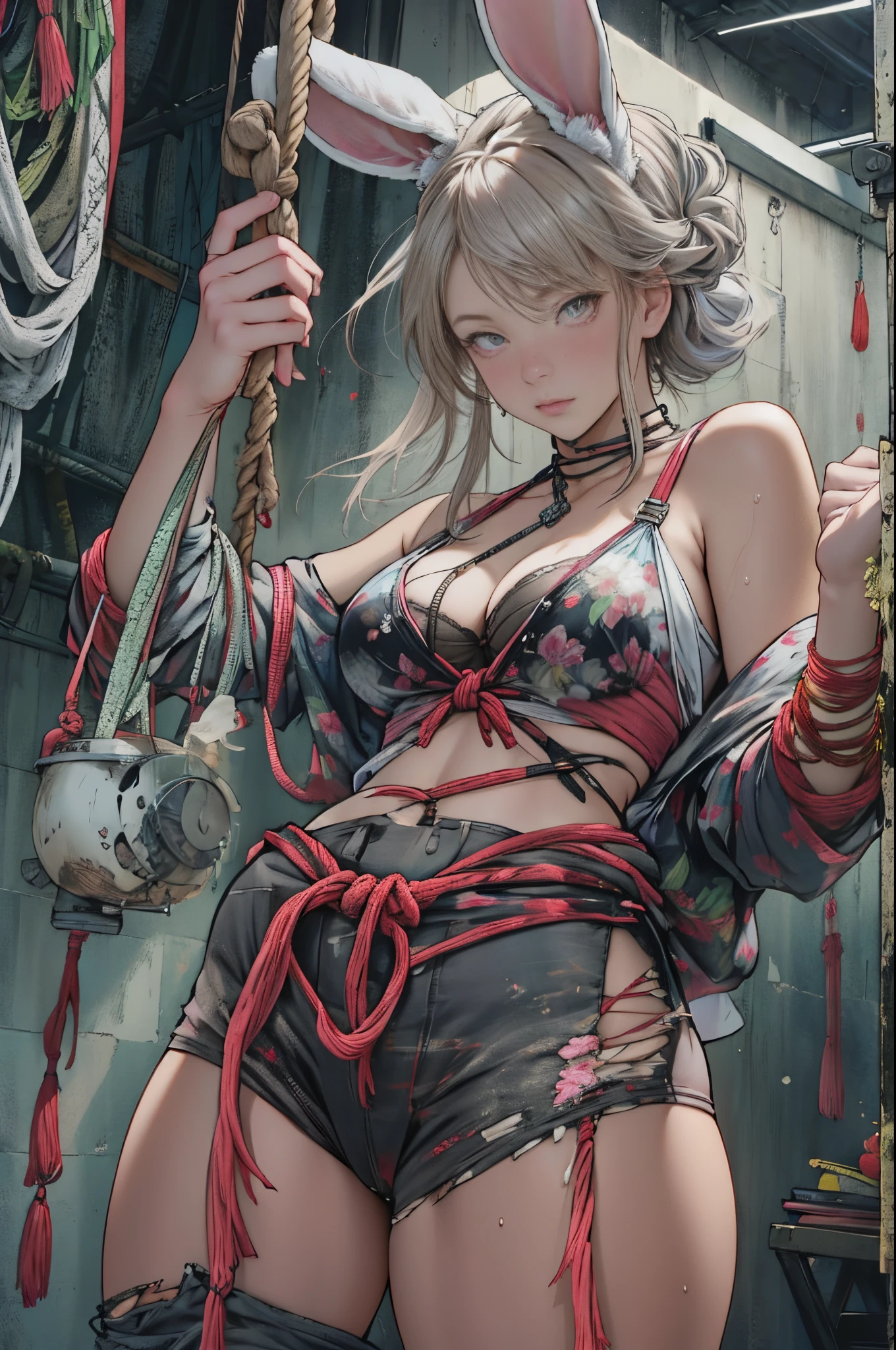 Super beautiful glowing eyes、The girl hangs from the ceiling，Both arms are tied with thick ropes、Sweated、The rope tied her body、a wet body、Thick rope cut into crotch、A large amount of fluid leaks from the crotch、torn bra、wet white underwear、One leg is suspended from it by a rough rope、Tie with a rope、Tight bondage、Hands are tied、Legs hanging from shackles，(8K, Original photography, Top image quality, tmasterpiece: 1.4), hyper HD, (actual, 真实感: 1.48), realistically, A high resolution, 1人の女性, Alone, Hips raised, looking at the viewer only, (Detailed faces), Long gray hair, Rabbit outfit, Tattoos are, jewely
