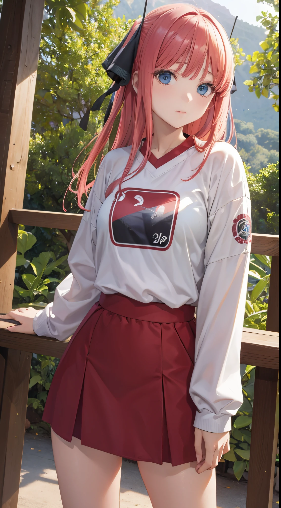 Nino Nakano, ropa deportiva erotica,calzetas largas muslos, bosque