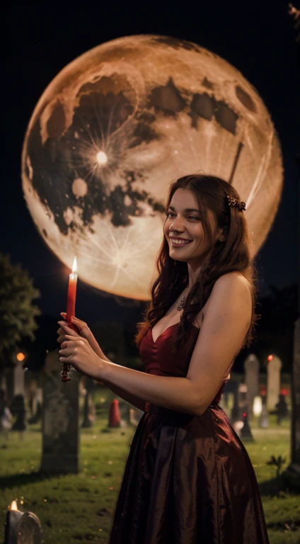 woman medieval in red princess dress, in the cemetery cigarette night, wearing red and black bead thread, big ruby ring and laughing holding trident, background moon and stars and mistical supernatural