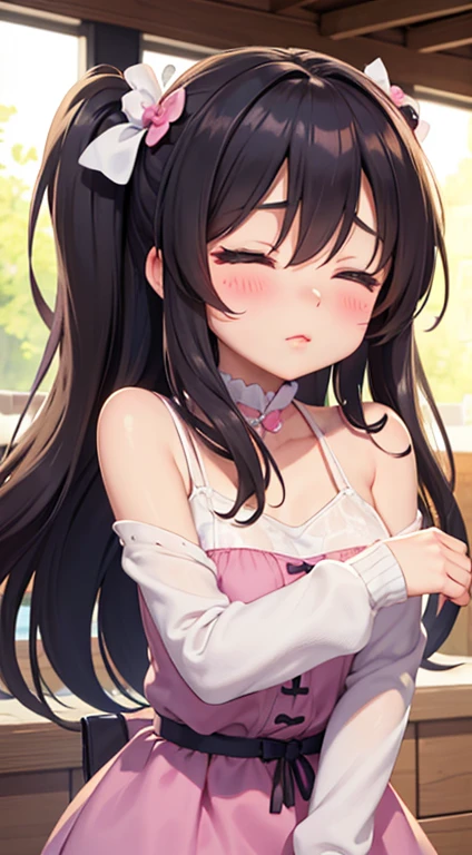 A cute girl closes her eyes and pouts her lips, begging for a kiss.