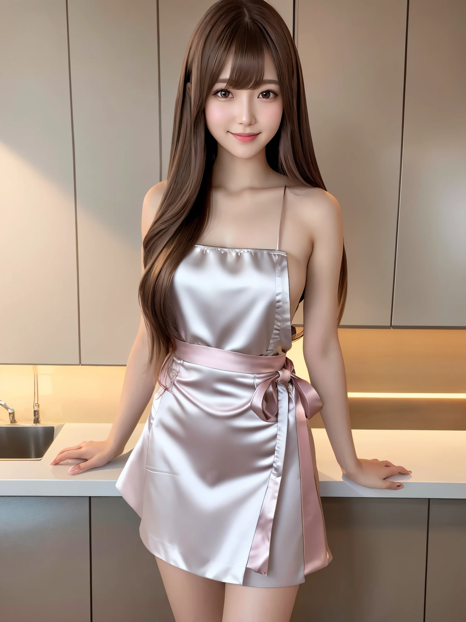 product quality, 1 girl per 1 photo, full body shot, front view, a Japanese young pretty girl, long bob hair, standing in a luxury kitchen with a big smile, wet hair, wet body, wearing only a shiny satin pink frilled apron over her naked body, hyper cute face, glossy lips, double eyelids for both eyes, natural makeup, shiny smooth light brown hair of long bob hair, asymmetrical bangs, high resolution, high detail, detailed hairstyle, detailed face, cinematic lighting, octane rendering, hyper realistic, perfect limbs, perfect anatomy
