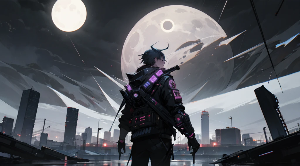 Futurista, darkpunk, cyberpunk, noche, eclipse, lluvia, tormenta