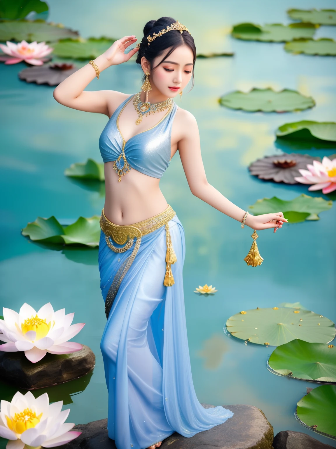 Aarav woman in silver dress sits on a rock with lotus flowers., standing gracefully upon a lotus, Beautiful girl pinches a beautiful hair bun, Thai art, fantasy photoshoot, Graceful belly dance moves, gilded lotus princess, Asian Female Water Element, Elegant floating pose, Amazing magic float, calm and elegant, Stunning floating dock, beautiful goddess, fantasy photoshoot