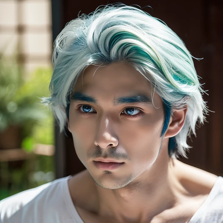 Um Homem Coreano. With white hair that reaches the shoulders. The eyes are thin, resembling the eyes of a cat in blue-green color., Being Deep is Mysteries. Um Nariz fino, thin lips in cherry color. Almost pale white skin. Having a Face that shows Imposition but at the same time Seduction. Having a Masculine Body with a Defined Pectoral.