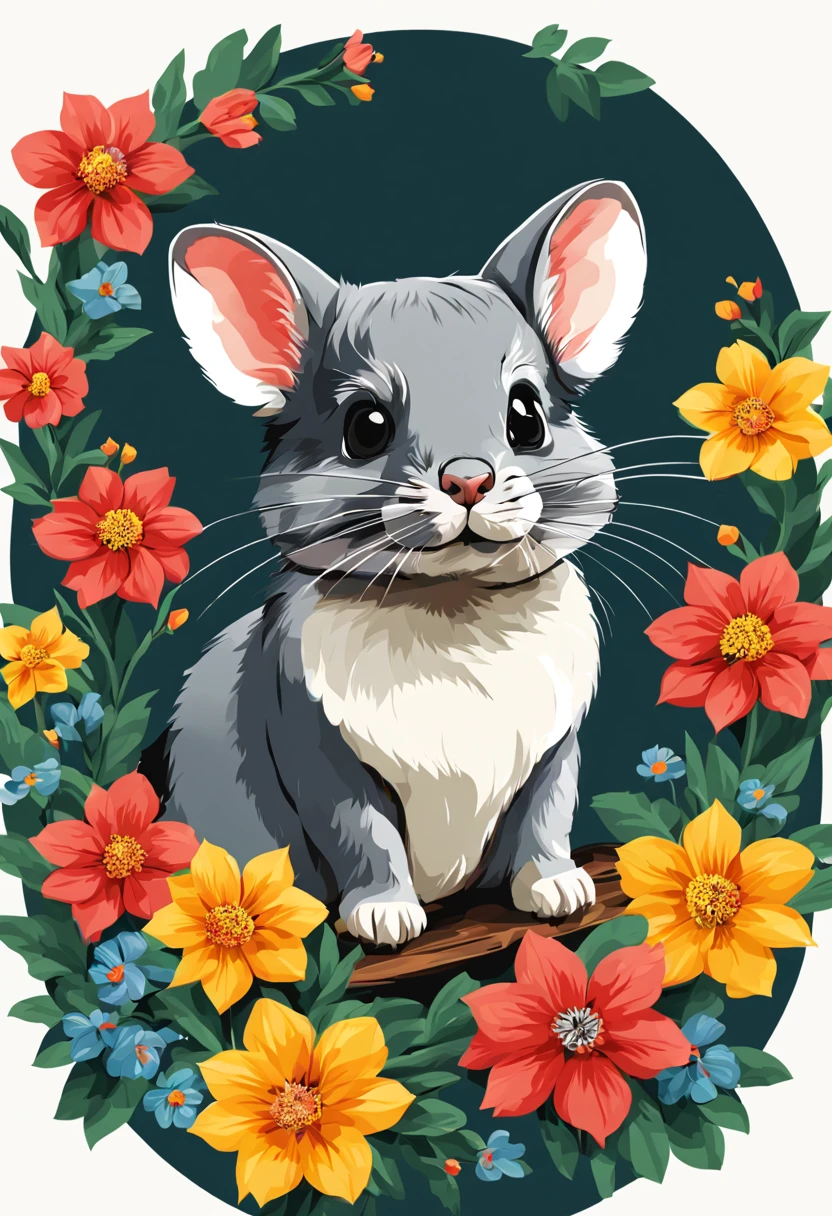 Vector Design, TShirt design, Line Art T – Shirt, Retro, Flowers, Chinchilla , Cartoon, vintage, trendy, 2d, vector, flat, no mockup, no background