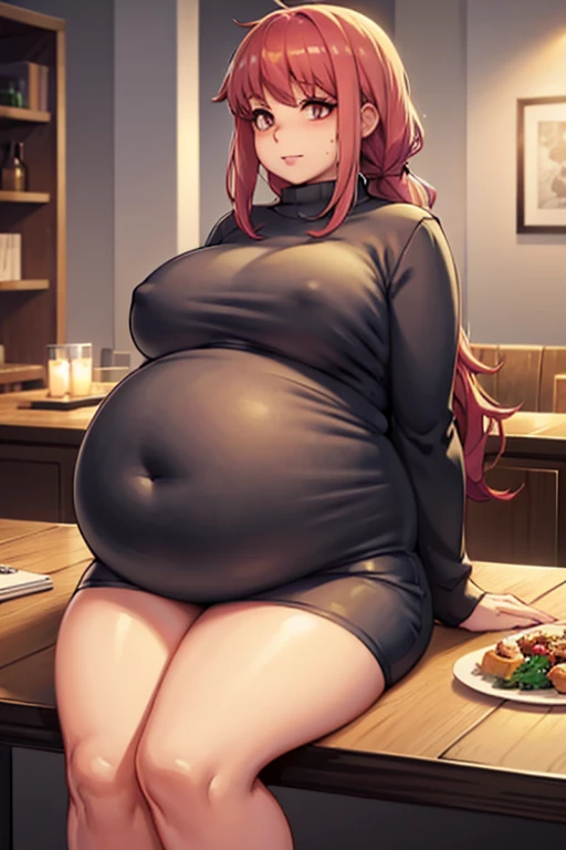 fat, makima, obese, overweight, pregnant, fat, safe for work, fat, Christmas, wearing sweater, table with food, fat