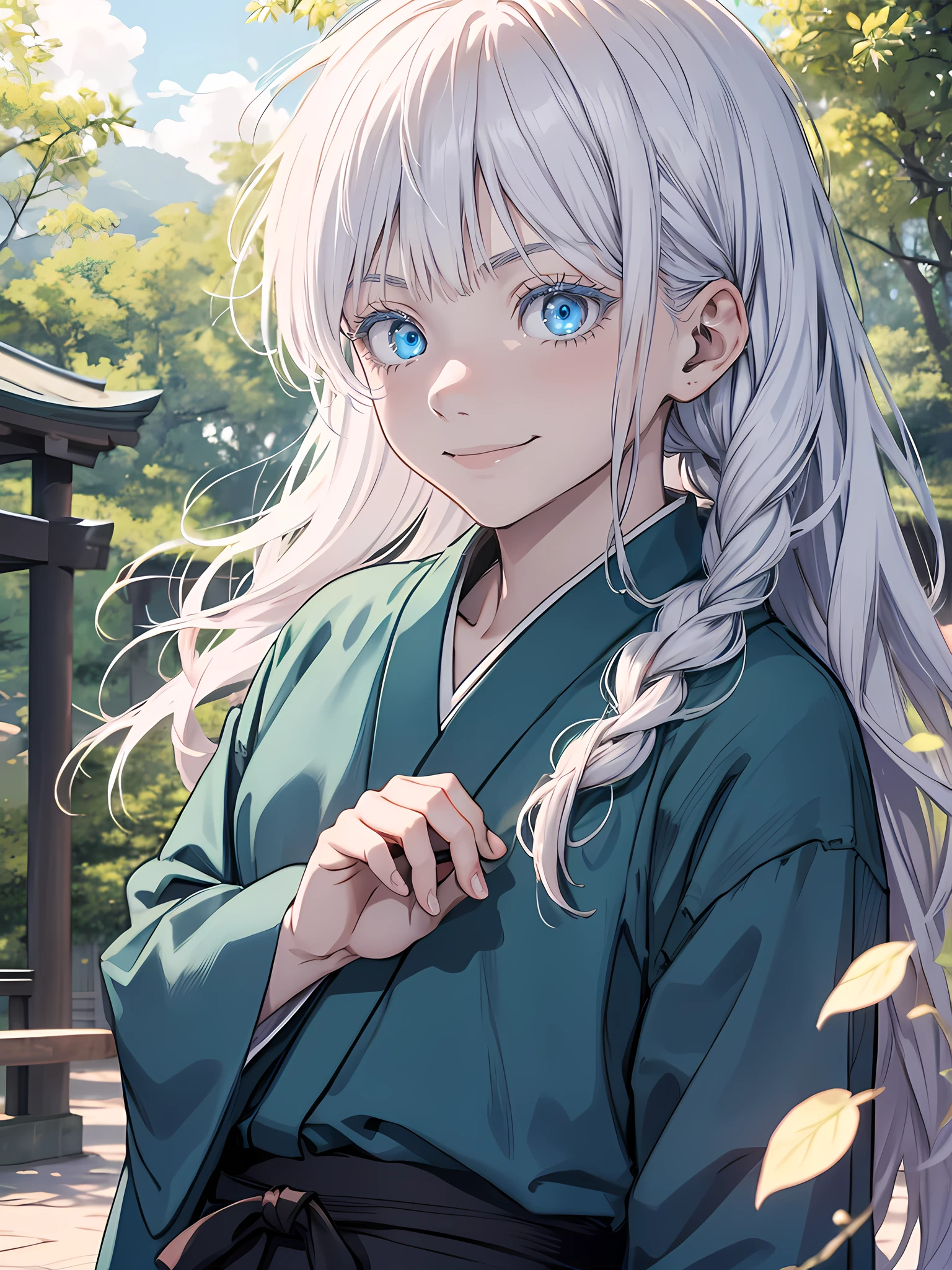 young child, age 5, famale version, female, jujutsu kaisen, solo, alone, smiling white hair, bangs, long hair, white eyebrows, white eyelashes, light blue eyes, glowing eyes, wearing blue Japanese clothing, blue clothing, park, nature park, high quality, 4k resolution, anime