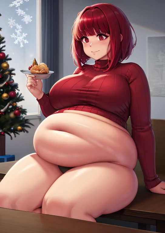 fat, obese, overweight, fat stomach, kana arima, fat belly, short hair, red hair, Christmas, wearing sweater, table with food, fat