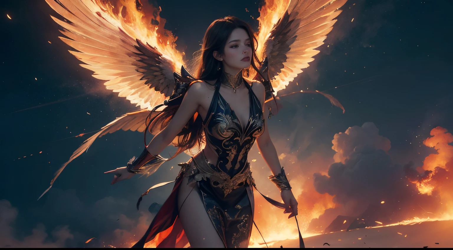 Angel with expansive wings ablaze, towering, enshrouded in divine flames, captured in a hyperrealistic cinematic 8k style, detailed feathers illuminated amidst the conflagration, dynamic contrast, volumetric lighting casting ethereal glows on surrounding clouds, shadows playing across a backdrop of a tumultuous heavenly realm, vivid colors, awe-inspiring presence, wings span embracing the fiery aura, cinematic