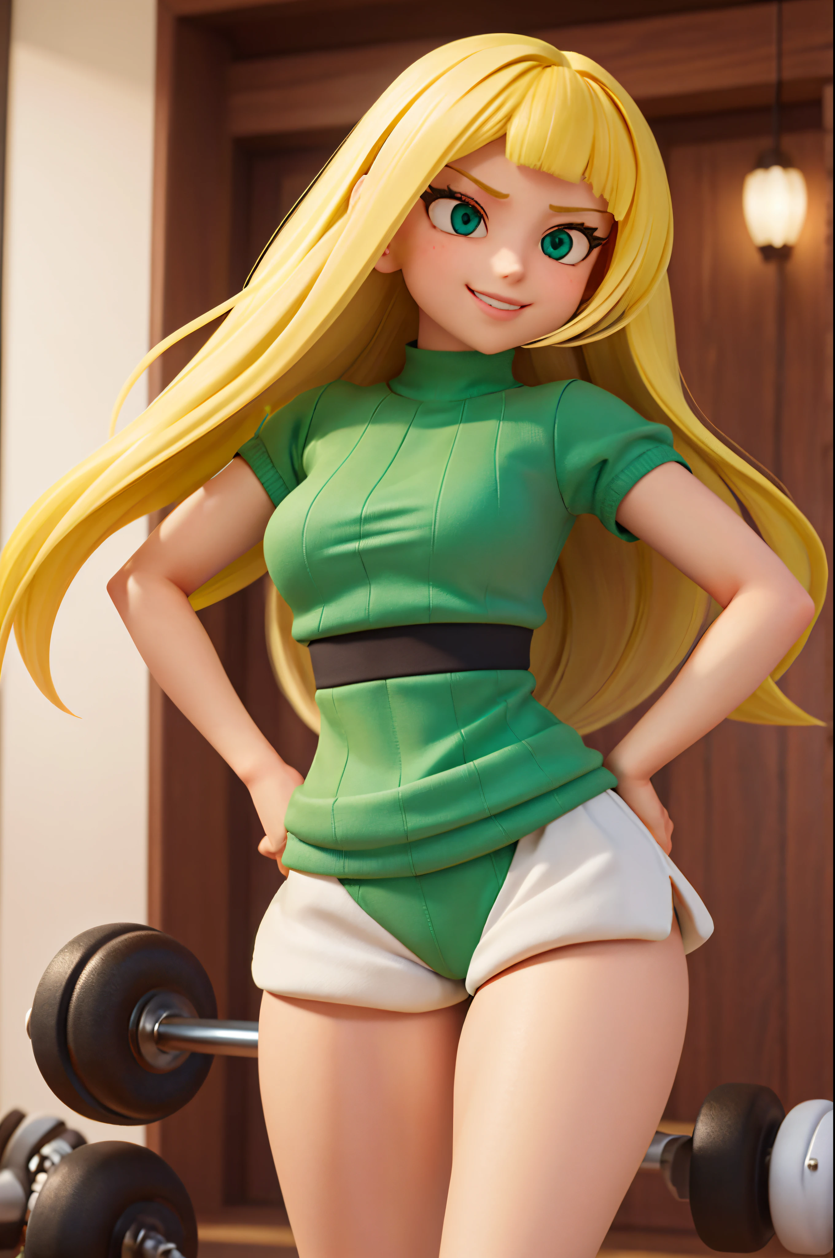 Com mechas em cascata de cabelo loiro brilhante emoldurando seu rosto, ela possui olhos que lembram esmeraldas vivas, its vibrant green tone effortlessly captures attention. Dressed in a tight gym set, her toned physique is subtly emphasized by tight shorts that accentuate her slender legs and a form-fitting top highlighting her graceful silhouette. A academia oferece um pano de fundo para sua postura confiante em meio a pesos bem organizados, your radiant smile exuding a contagious energy that fills the space around you.