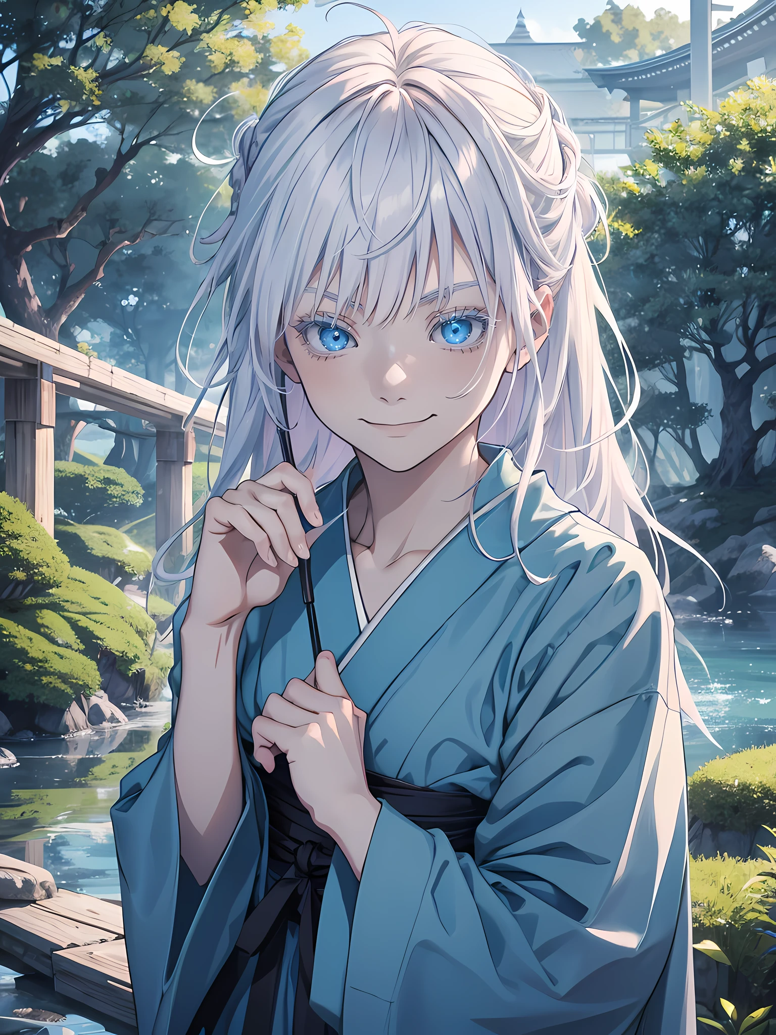 young child, age 5, famale version, female, jujutsu kaisen, solo, alone, smiling white hair, bangs, long hair, white eyebrows, white eyelashes, light blue eyes, glowing eyes, wearing blue Japanese clothing, blue clothing, park, nature park, high quality, 4k resolution, anime