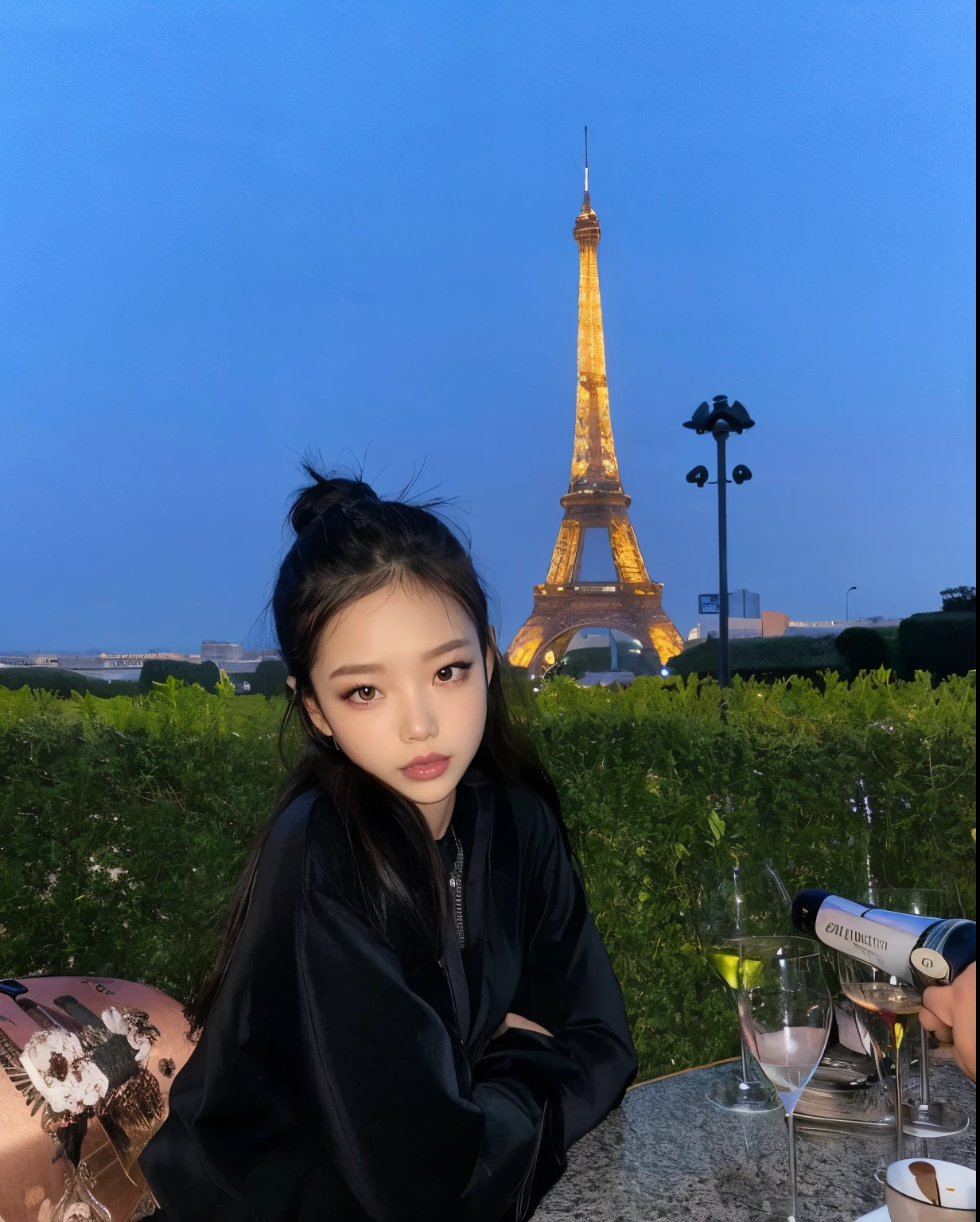 Araffe sitting at a table with a glass of wine in front of the Eiffel Tower, jennie blackpink, com vista Eiffel, em Paris, jossi do blackpink, Parque Roseanne do Blackpink, in front of the eiffel tower, Ulzzang, Jinyoung Canela, Lulu Chen, Wenfei Ye, Eva Elfie, jisoo do blackpink, Gemma Chen • vampire tooth