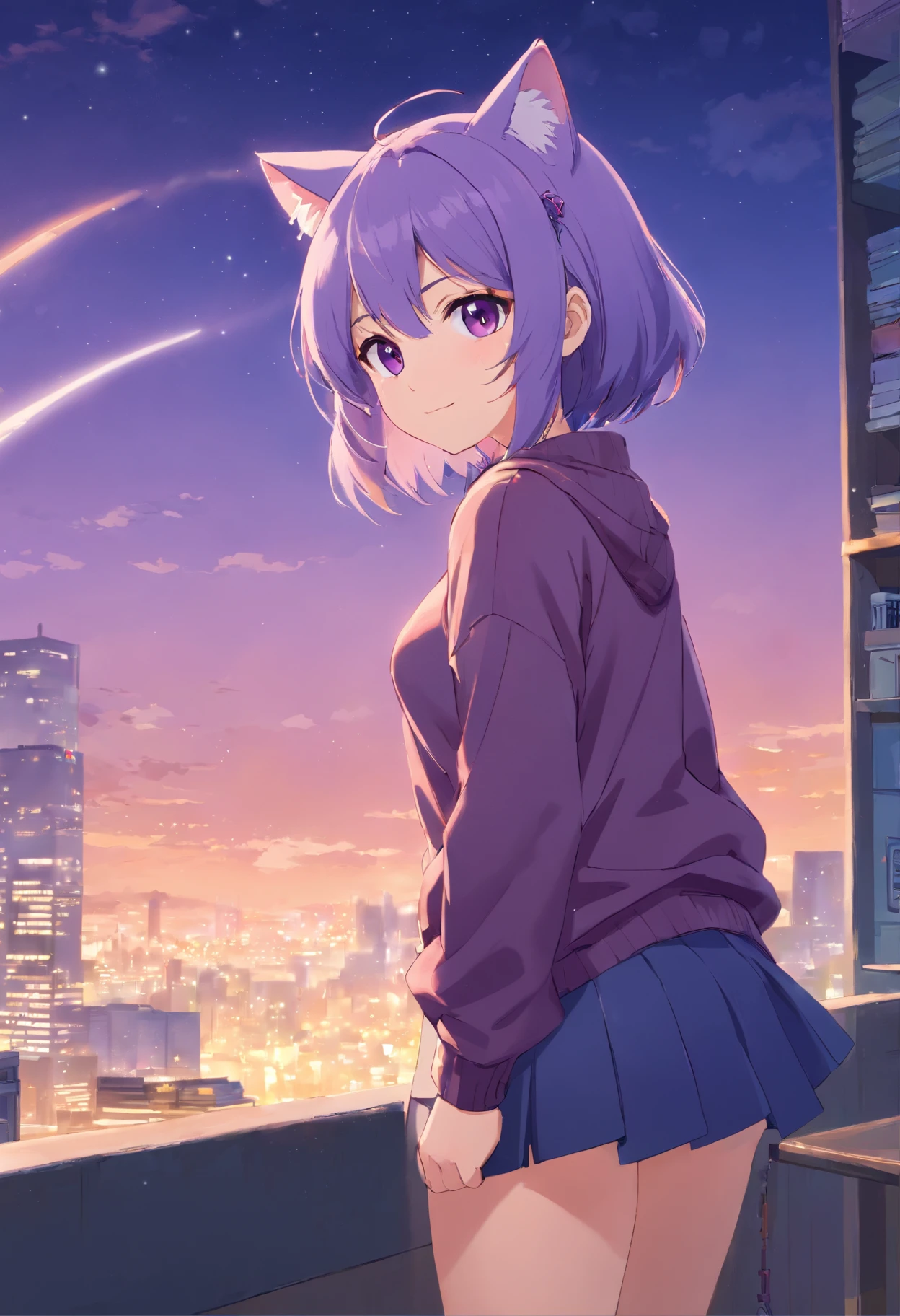 tmasterpiece, Best quality at best, 1个Giant Breast Girl, ((looking at viewert)), lilac purple hair, a purple eye, long whitr hair, ahoge, Sweaters, Sweater skirts, lacepantyhose, 163cm, hair between eye, Large breasts, AS-Adult, 33yo, mature, eye glass, Alone, lone, ssmile, Cat ears, a cat tail, square, cat woman, Animal ear