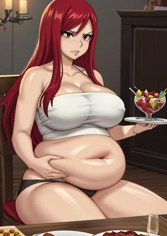 fat, large belly, chubby, overweight, Erza scarlett, sitting down, table with lots of food,