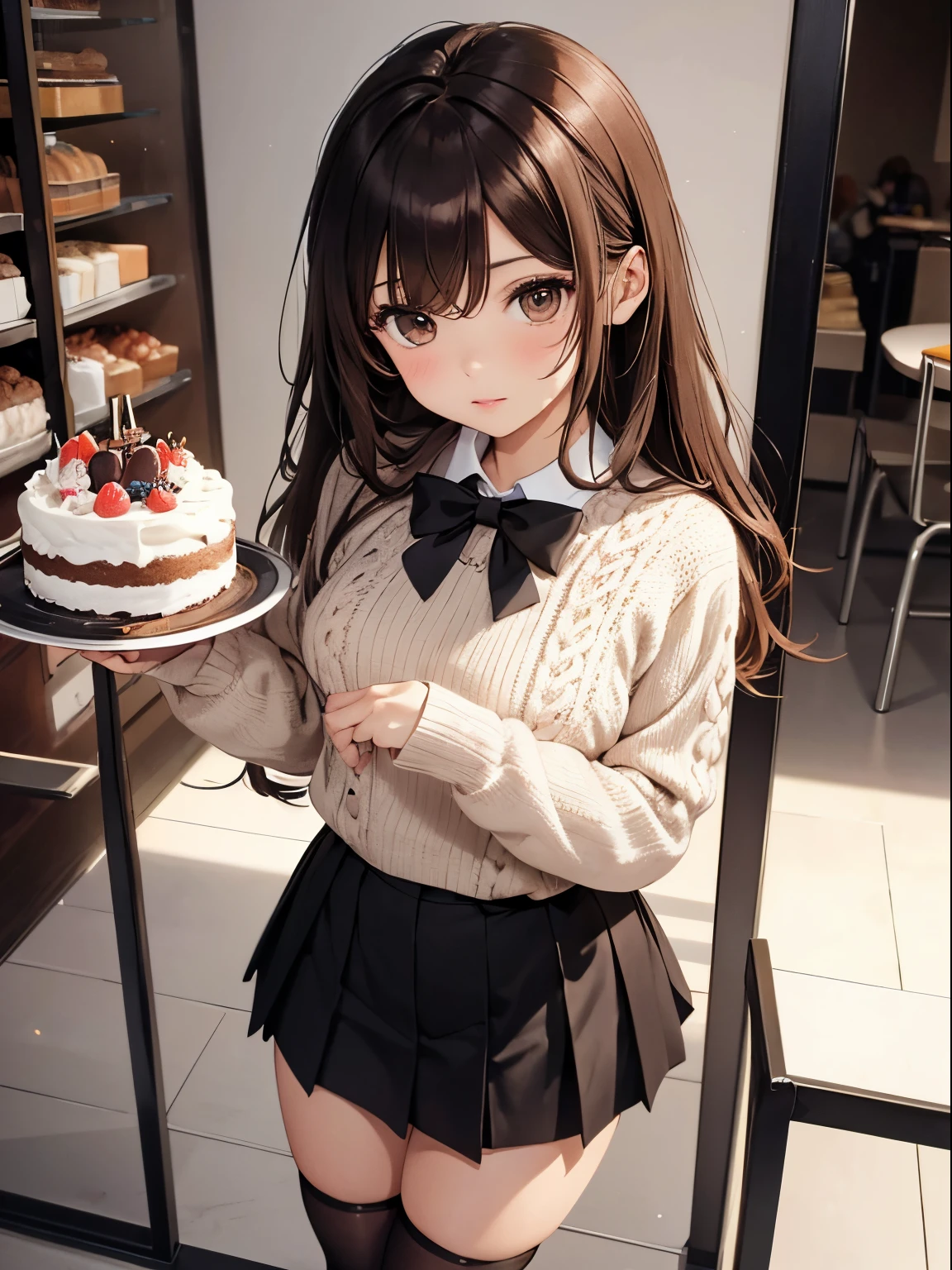 (Top Quality, High Resolution, Masterpiece), ((Perfect Anatomy)), Cute Girl, Chibi, Brown Hair, Black Hair, Long Hair, Brown Eyes, ((👄)) BREAK A girl holding a celebration cake, (((🎂)) )BREAK Cute, Aran sweater, pleated skirt, tights,crayon