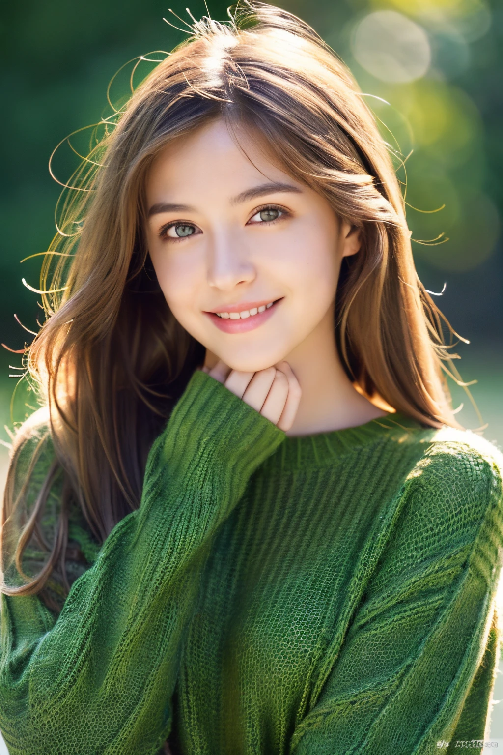 A stunning masterpiece of high-resolution portraits of long beautiful and detailed girls, Shiny brown hair and seductive green eyes, Wearing a cozy sweater、Flashes a gorgeous smile that highlights her small but perfectly formed breasts.