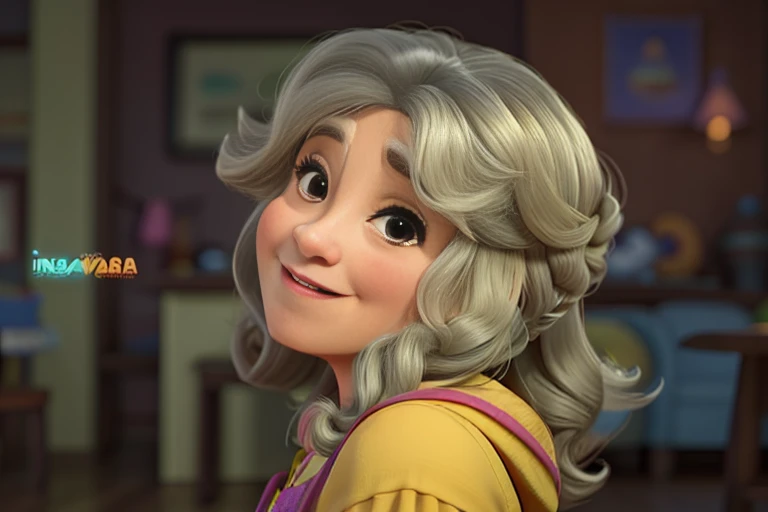 Uma mulher de 60 anos, no estilo disney pixar, imagem em alta qualidade