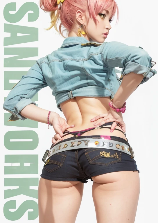 realistic, keep clothes, keep pose, keep colors, keep shadows ,hotpants, denim shorts,red thong,white background,mika jougasaki,pink hair, (yellow eyes:1.5)