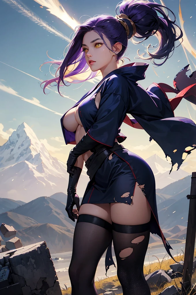 best quality, expressive eyes, perfect face, front view, Girl holy god wearing a yukata, dark skin, arm gloves, stockings, yellow eyes, purple hair, long hair, ponytail, thigh highs, rays, sky, oily, mountains, Torn clothes with big boob, realistic, unreal engine 5, no underwear