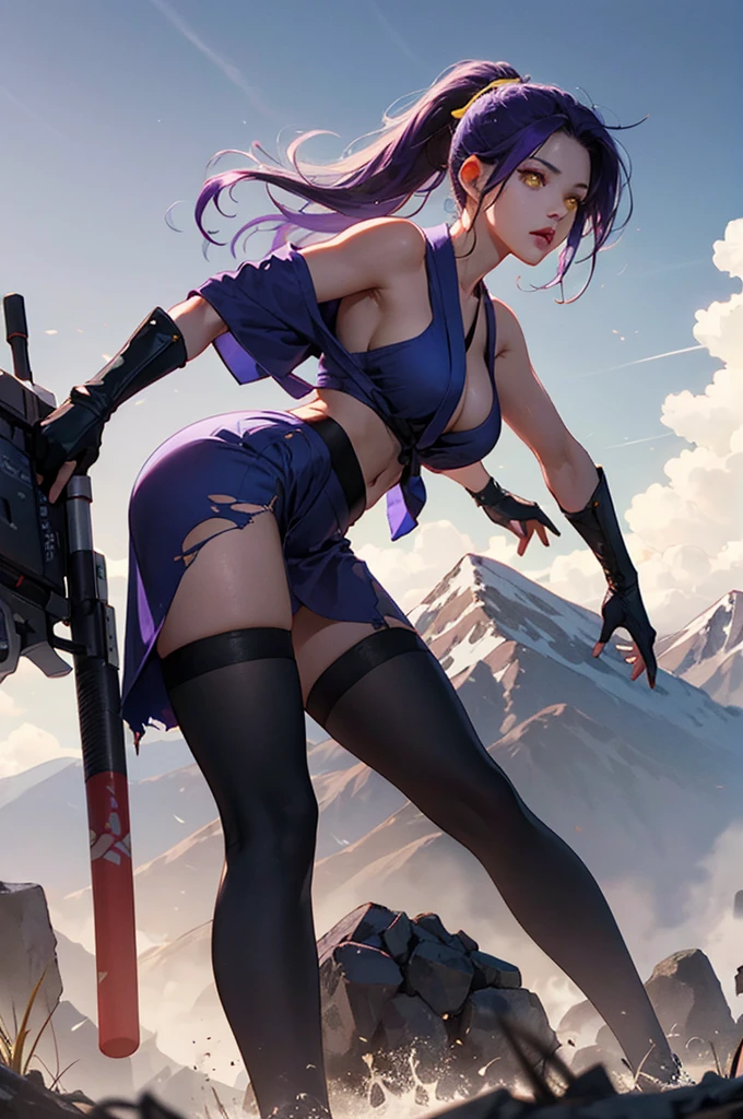 best quality, expressive eyes, perfect face, front view, Girl holy god wearing a yukata, dark skin, arm gloves, stockings, yellow eyes, purple hair, long hair, ponytail, thigh highs, rays, sky, oily, mountains, Torn clothes with big boob, realistic, unreal engine 5, no 