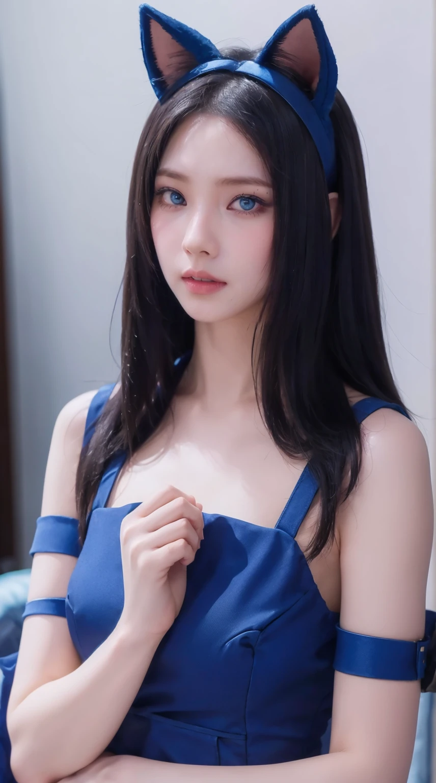(Masterpiece, Best Quality, High Resolution: 1.2), sweet expression, 1 Girl, Solo, Long hair, Blue Eyes, Upper Body, Blue Dress, Blue Gloves, Blue Hair, Blue Cat Ears