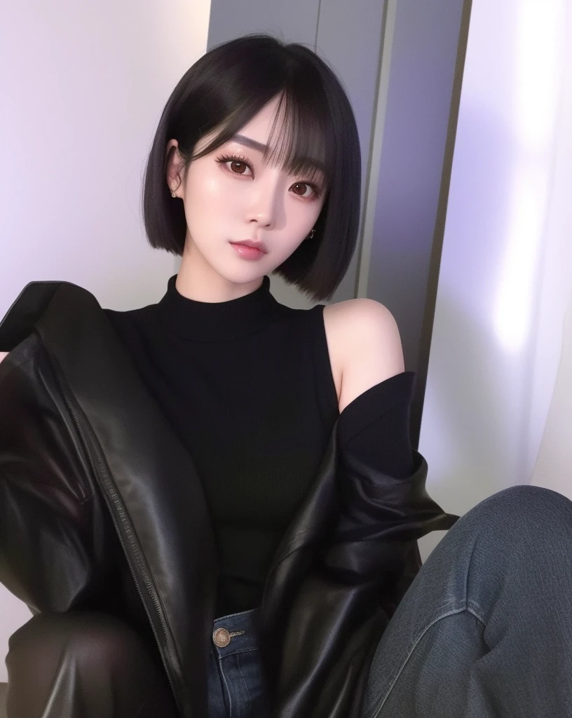 Un primer plano de una mujer con un top negro y jeans, Chica coreana, ulzzang, cruel korean goth girl, Ella tiene el pelo negro con flequillo, Modelo de moda femenina coreana, Cabello negro Hime cortado, Hermosa joven coreana, Hermosa mujer surcoreana, Sun Yunjoo, Hermosa joven coreana, Asian girl, dilraba dilmurat, con el pelo corto
