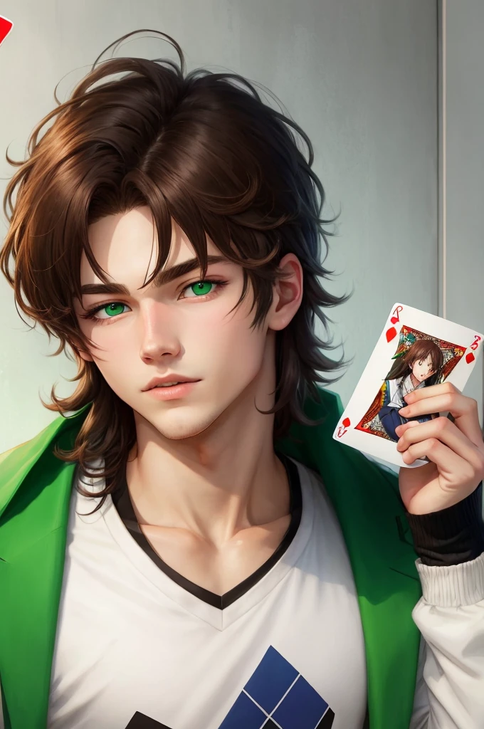 Anime styled short white male, green eyes, long dark brown hair, playing cards theme