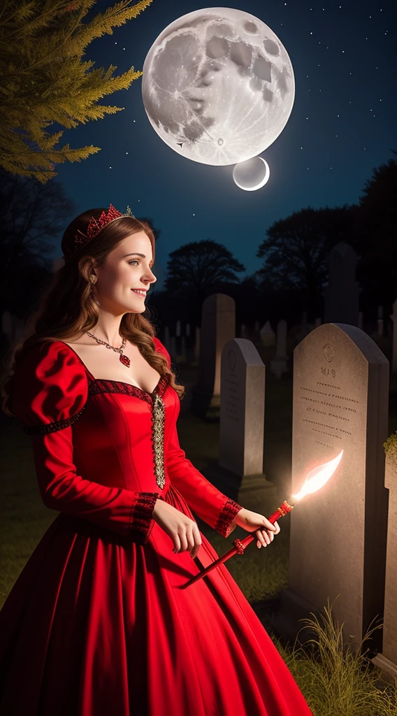 woman medieval in red princess dress, in the cemetery cigarette night, wearing red and black bead thread, big ruby ​​ring and laughing holding trident, background moon and stars and mistical supernatural