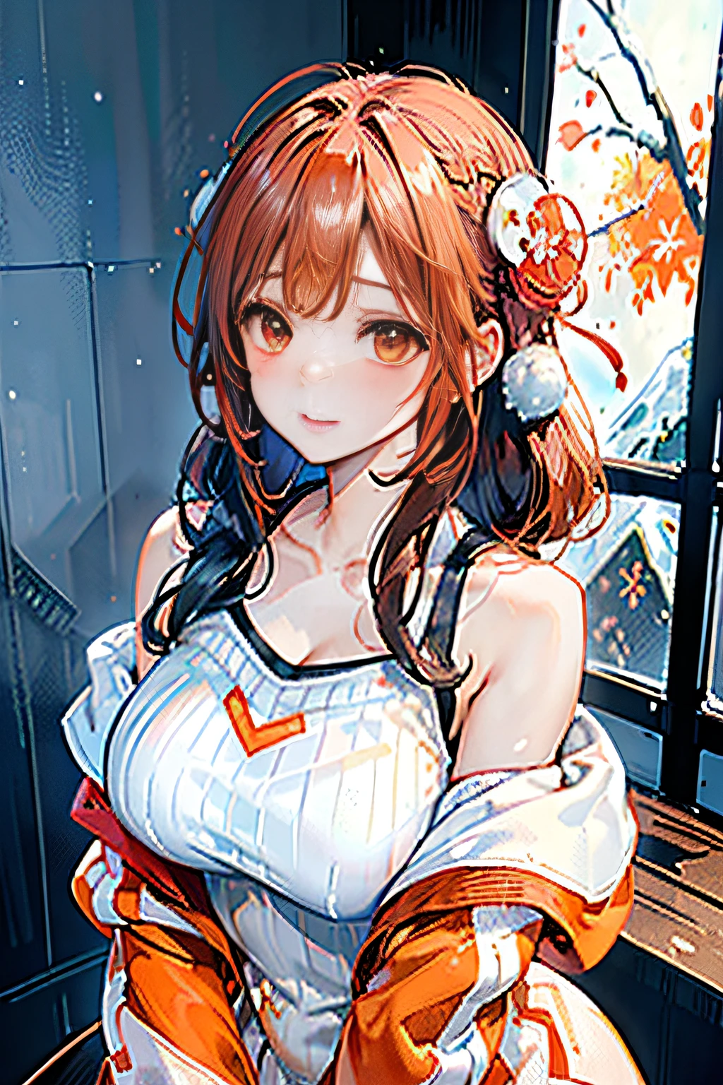 (ukiyoe painting:1.3),(3D Animation:1.3),(Make the subject look three-dimensional with the contrast of light and shadow),(((winter snowy mountain climbing:1.3))),cute and beautiful adult woman,Cute round face,Cute smile,with blush cheeks,Red Lip,(((Orange Open Short Duffle Coat:1.3))),(((Off-white off-shoulder sweater dress:1.3))),(silver white hair,Floral braided headband,half up、Floral Braided Space Van,Voluminous Fishtail Braids,Twisted chignon,),(Bangs are see-through bangs),hair pin,hair adornments,(((Emphasize large breasts:1.3))),breast slip,detailed clothes features,Detailed hair features,detailed facial features,(Dynamic angles),(Dynamic and sexy poses),profetional lighting,Cinematic Light,(masutepiece,top-quality,Ultra-high resolution output image,) ,(The 8k quality,depth of fields,Anatomically accurate facial structure,),(Sea Art 2 Mode:1.3),(Image Mode Ultra HD,)