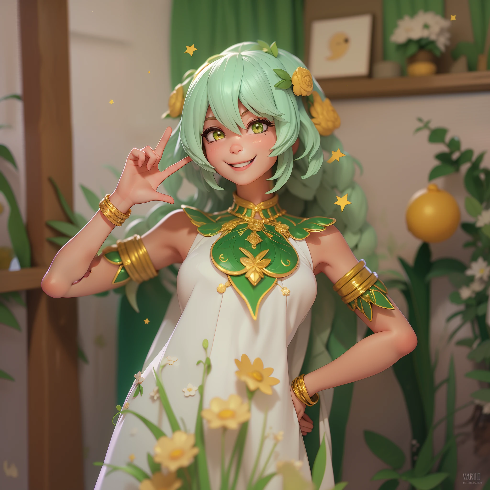 arafed woman in a white dress with green and gold accents, Cartoon, cute, smiley, UWU, happy,catmouth, smug,((smiley face)), uwu,((laughing out loud))