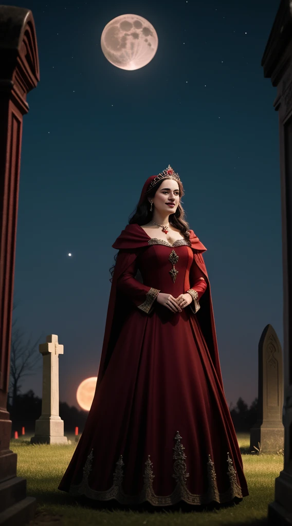 woman medieval in red princess dress, in the cemetery cigarette night, wearing red and black bead thread, big ruby ring and laughing holding trident, background moon and stars and mistical supernatural