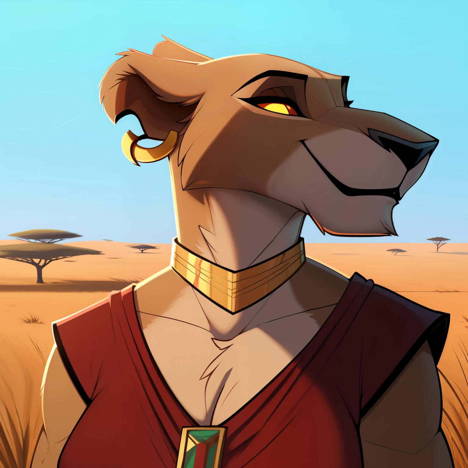 Tall_muscular_lion female scars red_irises yellow_sclera hazy_sky savanna solo Masterpiece best_quality absurdres highly_detailed cleanly_drawn_eyes anthro_only by_claweddrip, by_greasymojo, by_underscore-b, by_runawaystride circlet bracers gorget neck_hoops hoop_earrings medieval_gown beaming_smile