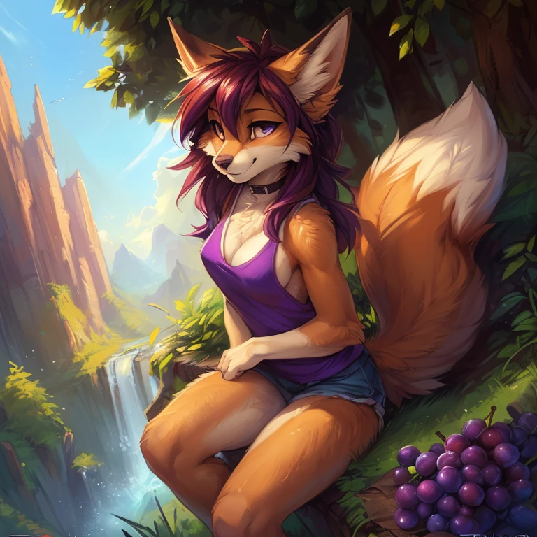 Eevee, feral face traits, anthro body, tank top shirt, (small claws, sfw:1.5, fullbody, sky view, sky high, sky background, :3, color hex 76421A body, color hex 76421A ears:1.2, grape purple color inner of the ears:1.3, medium breasts, color hex 362313 hair:1.3, color hex 362313 hair, hairy, round breasts, Fox tail, purple iris:1.5, detailed eyes, mountainland, small nose, hairy, color hex 362313 hair:1.3, cream color neck fluff:1.2, detailed eyes, enormous thighs, short stack, young adult, forest fox, breathless), uploaded to E621, beautiful and detailed portrait, uploaded to E621, ((by kenket, Ross Tran, ruan jia, zaush, foxovh, by Zackary911, by hyattlen, by teranen, by fumiko, by Pixelsketcher, by Bayard Wu, by Thomas Benjamin Kennington, by Einshelm, by Kilinah, by Coffeesoda, by Hioshiru, by fluff-kevlar, by Dimwitdog)), young adult ((22years)), solo